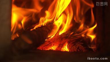 燃烧的炭火木柴土灶台篝火